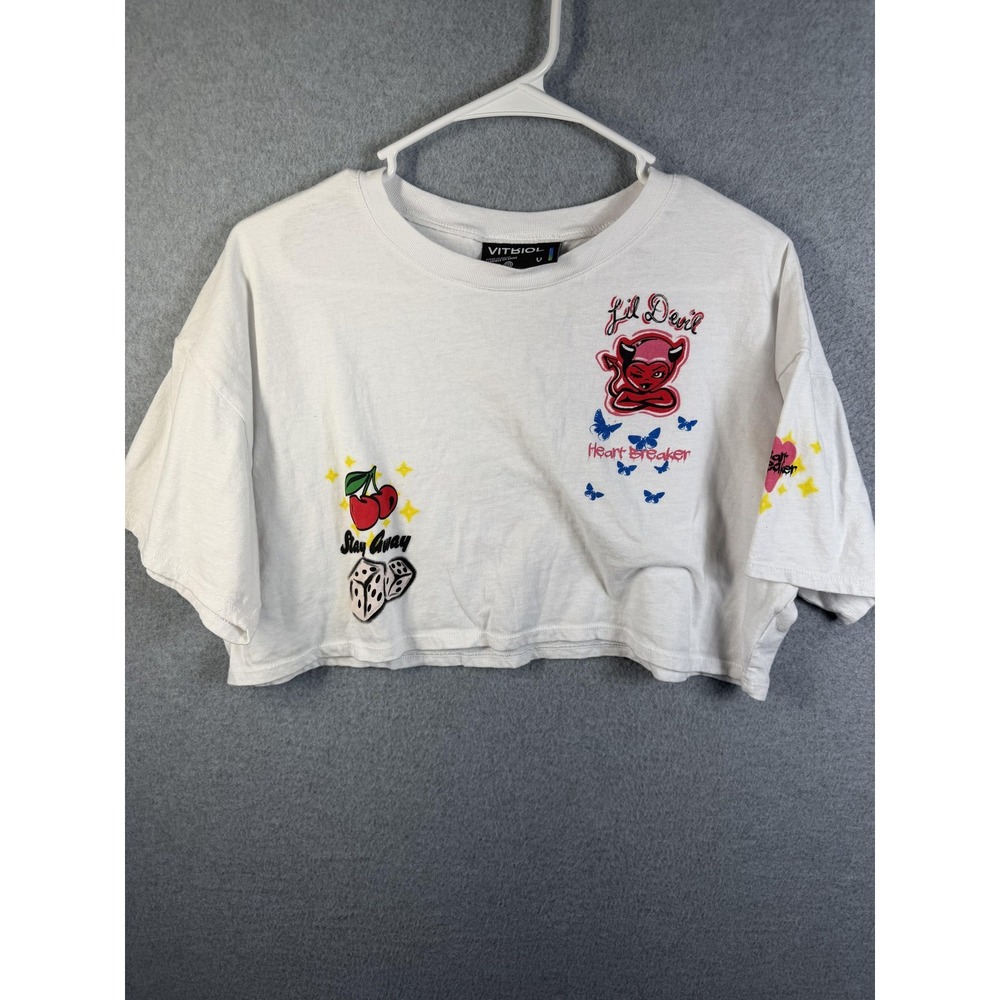 Vitriol Shirt Womens Small White Lil Devil Heartbreaker Cropped Graphic Tee
